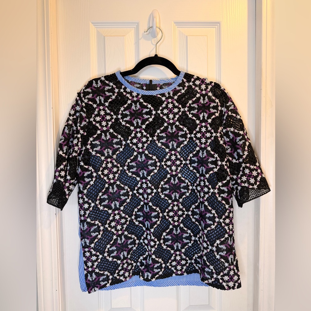 Sandro Black Floral Pattern Short Sleeve Blouse with Purple Accents